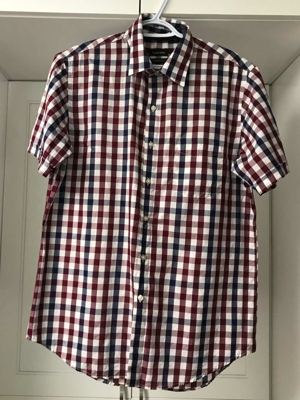 Van Heusen Men’s M Short-Sleeve Checked Shirt - Burgundy, Navy & White